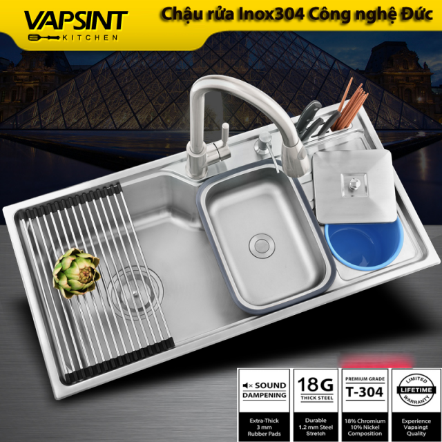 Chậu rửa bát 1 hố Inox304 kèm vòi rửa kéo dài đa năng VNM-VSD8845
