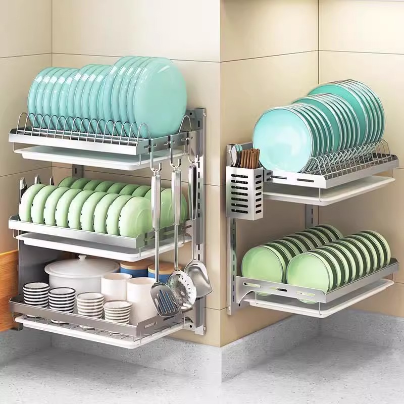 Giá treo bát đĩa có khay thoát nước gắn tường nhà bếp chất liệu inox304 VNM-2525