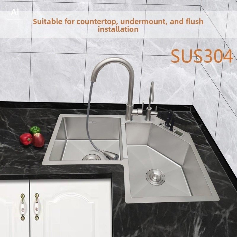 Chậu rửa bát góc tường nhà bếp 2 hố chất liệu inox304 VNM-31225